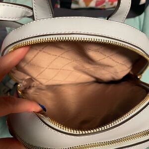 Elegant White and light blue fabric Women's Backpack.